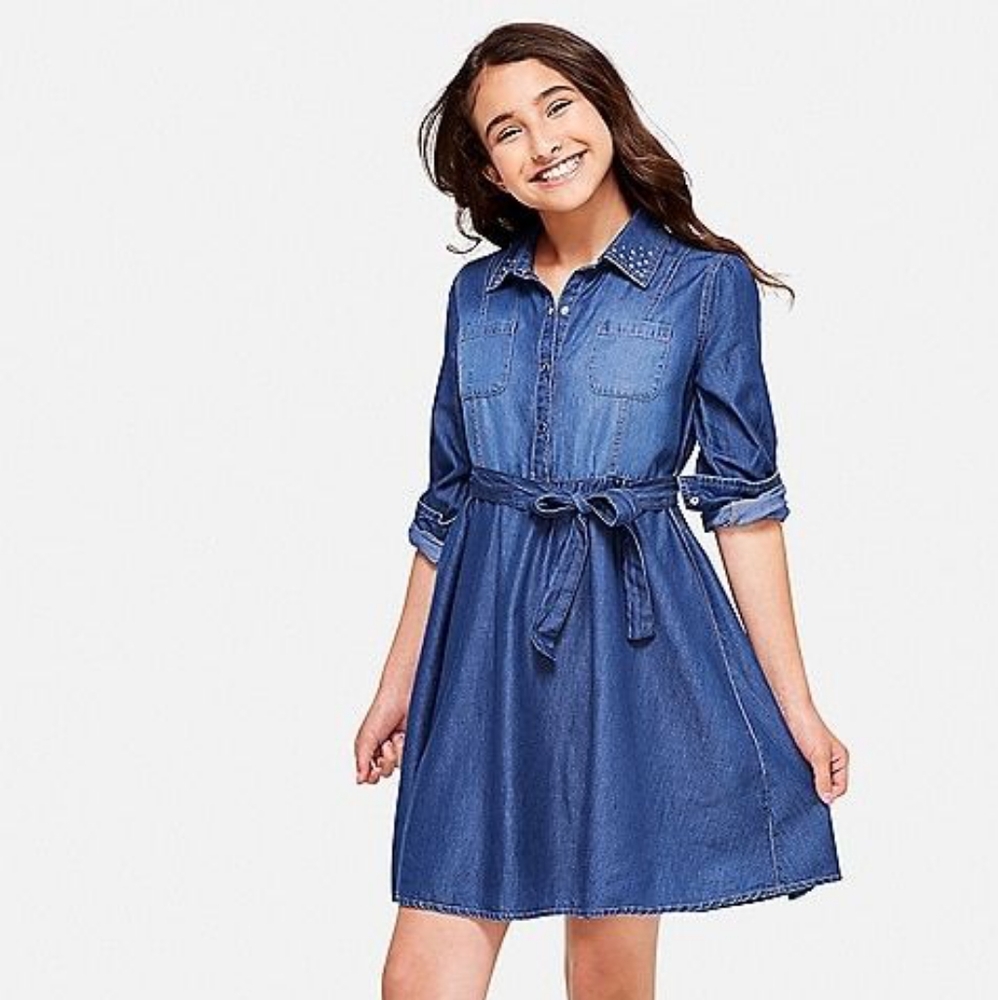 Rhinestones Collar Denim Shirt Dress